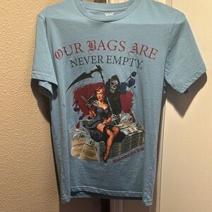 Gothic Pin-Up 'Our Bags Are Never Empty' Graphic T-Shirt in Light Blue
